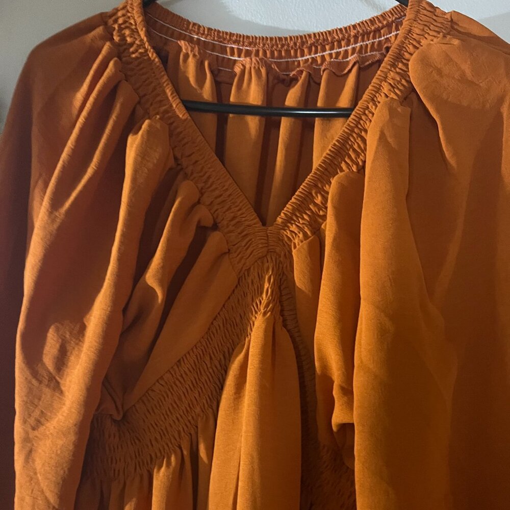 Burnt Orange Smocked Waist Boho Mini Dress – Medium (No Brand Tag)
